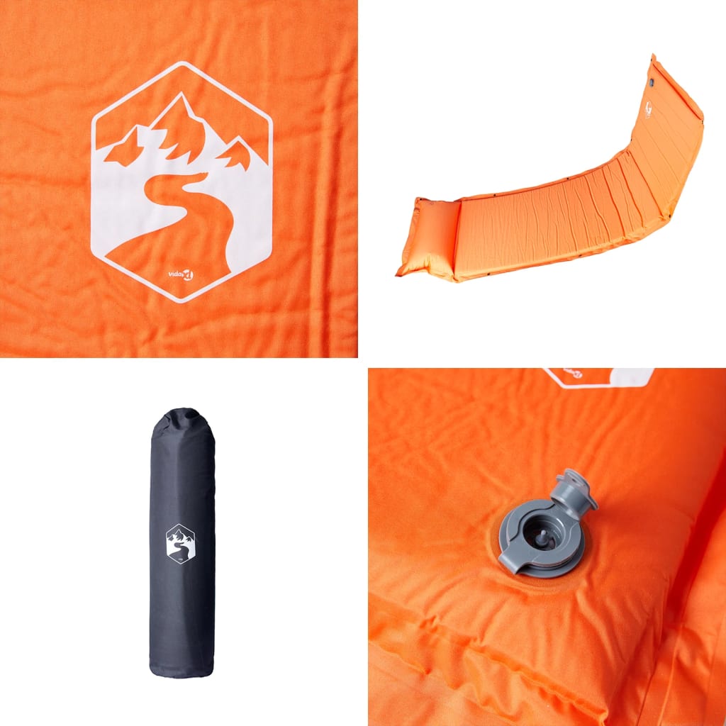 Detail van het oranje vidaXL zelfopblazende kampeermatras met logo en ventiel.