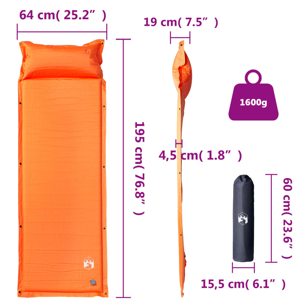 Detailweergave van de afmetingen en gewicht van het vidaXL zelfopblazende kampeermatras in oranje.
