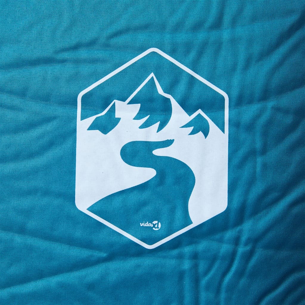Detail van het turquoise vidaXL kampeermatras met een berg- en rivierontwerp.
