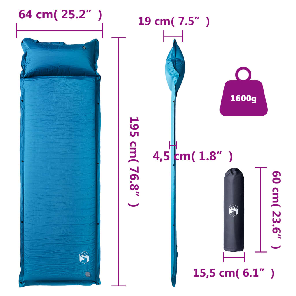 Detail van de afmetingen en gewicht van het vidaXL zelfopblazende kampeermatras in turquoise.