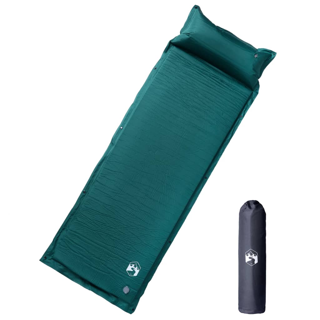 Zelfopblazend vidaXL kampeermatras in groen met geïntegreerd kussen, bovenaanzicht.