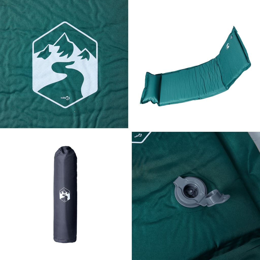 Detail van het groene vidaXL zelfopblazende kampeermatras met geïntegreerd kussen en ventiel.