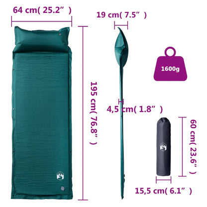 Detail van de afmetingen en gewicht van het vidaXL zelfopblazend kampeermatras in groen.
