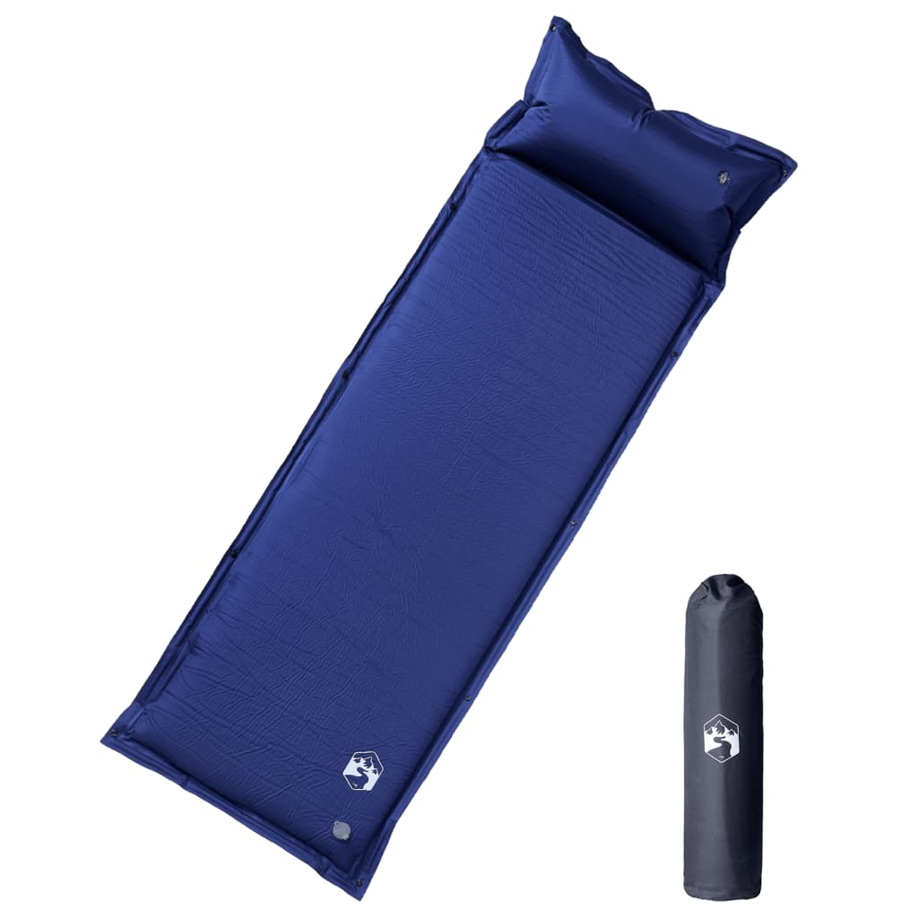 Zelfopblazend vidaXL kampeermatras in marineblauw met kussen, bovenaanzicht.