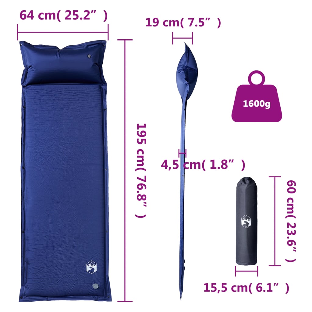 Detail van het vidaXL zelfopblazende kampeermatras met kussen, afmetingen en gewicht weergegeven.