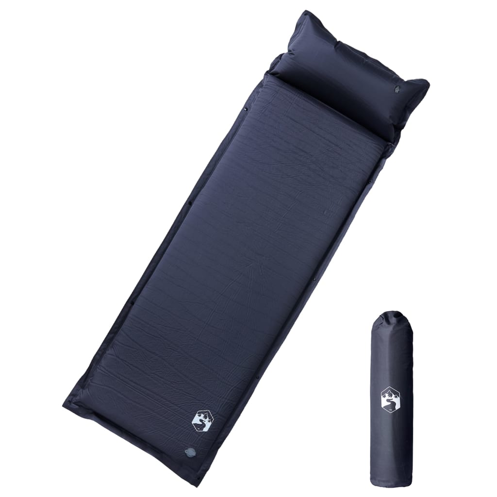 Grijs vidaXL zelfopblazend kampeermatras met kussen, liggend in uitgerolde positie.