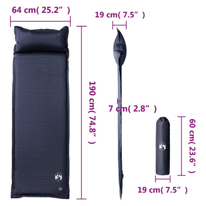 Detail van het vidaXL zelfopblazend kampeermatras met afmetingen en kussen in grijs.