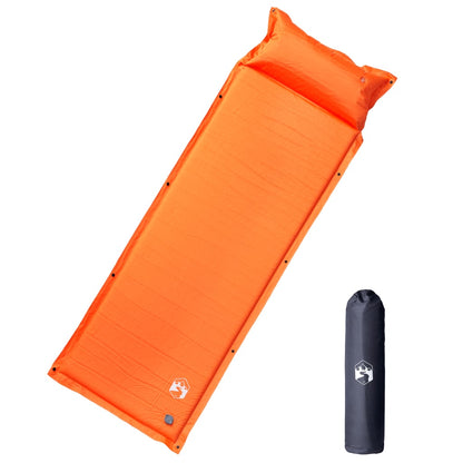 Oranje vidaXL zelfopblazend kampeermatras met kussen, liggend en opgerold.