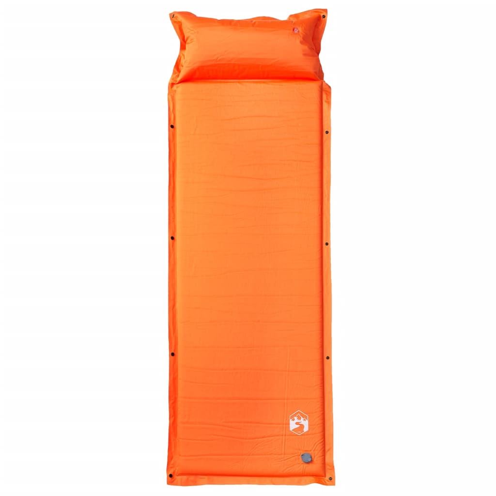 Zijaanzicht van het oranje vidaXL zelfopblazende kampeermatras met kussen.