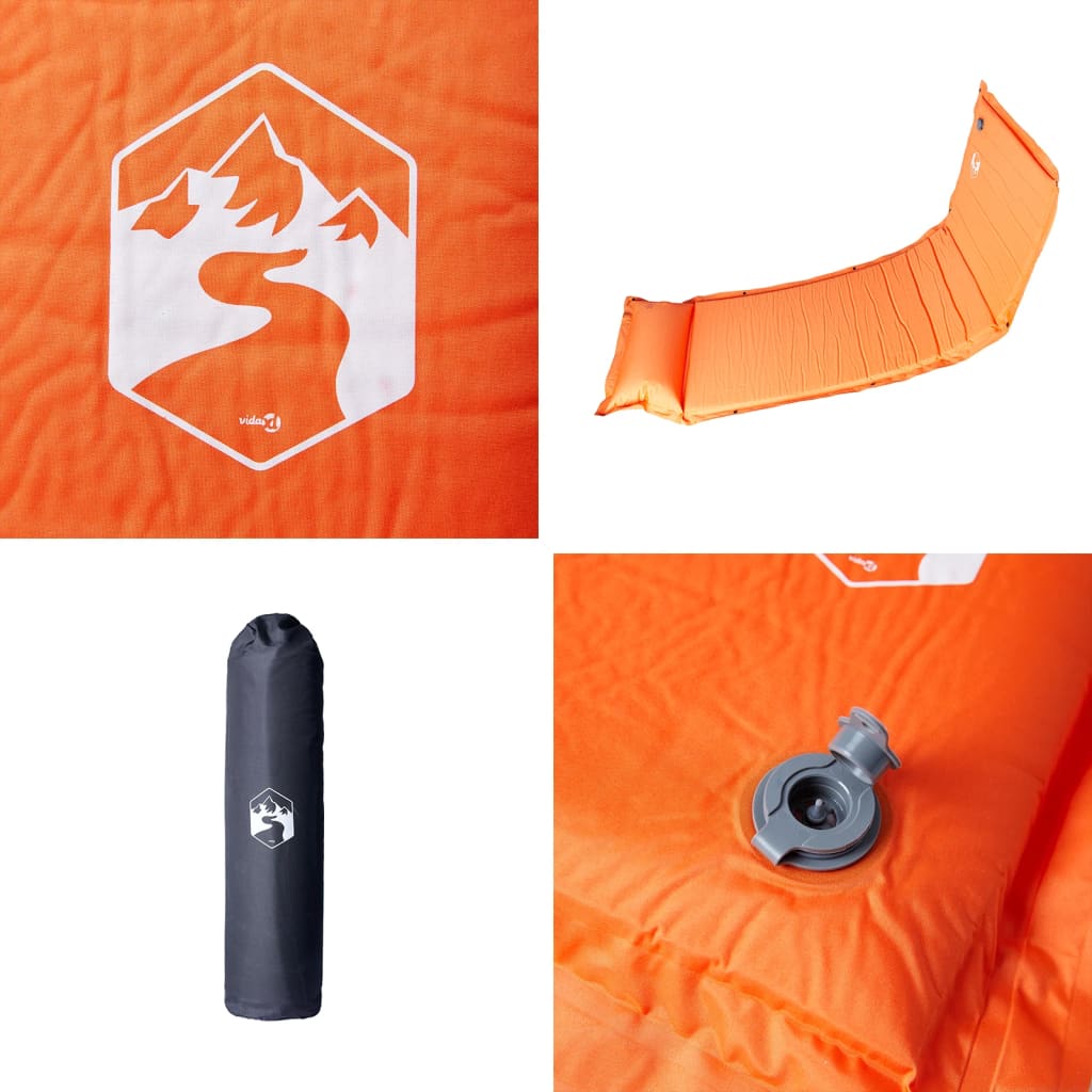 Detail van het oranje vidaXL zelfopblazende kampeermatras met ventiel en logo.
