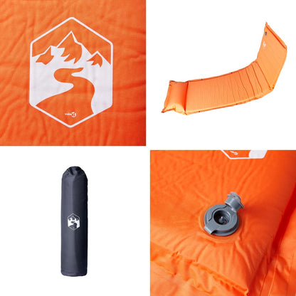 Detail van het oranje vidaXL zelfopblazende kampeermatras met ventiel en logo.