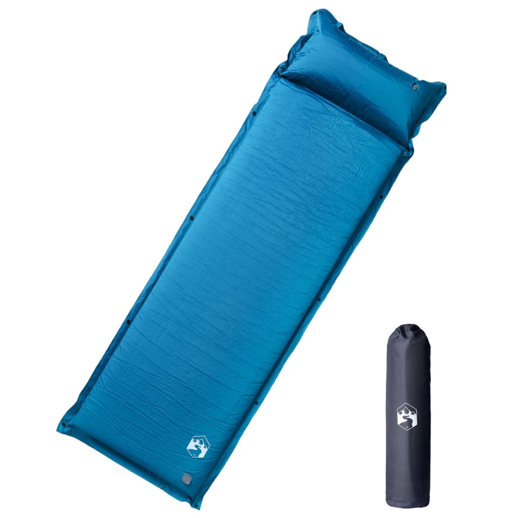 Zelfopblazend vidaXL kampeermatras in turquoise met geïntegreerd kussen, vooraanzicht.