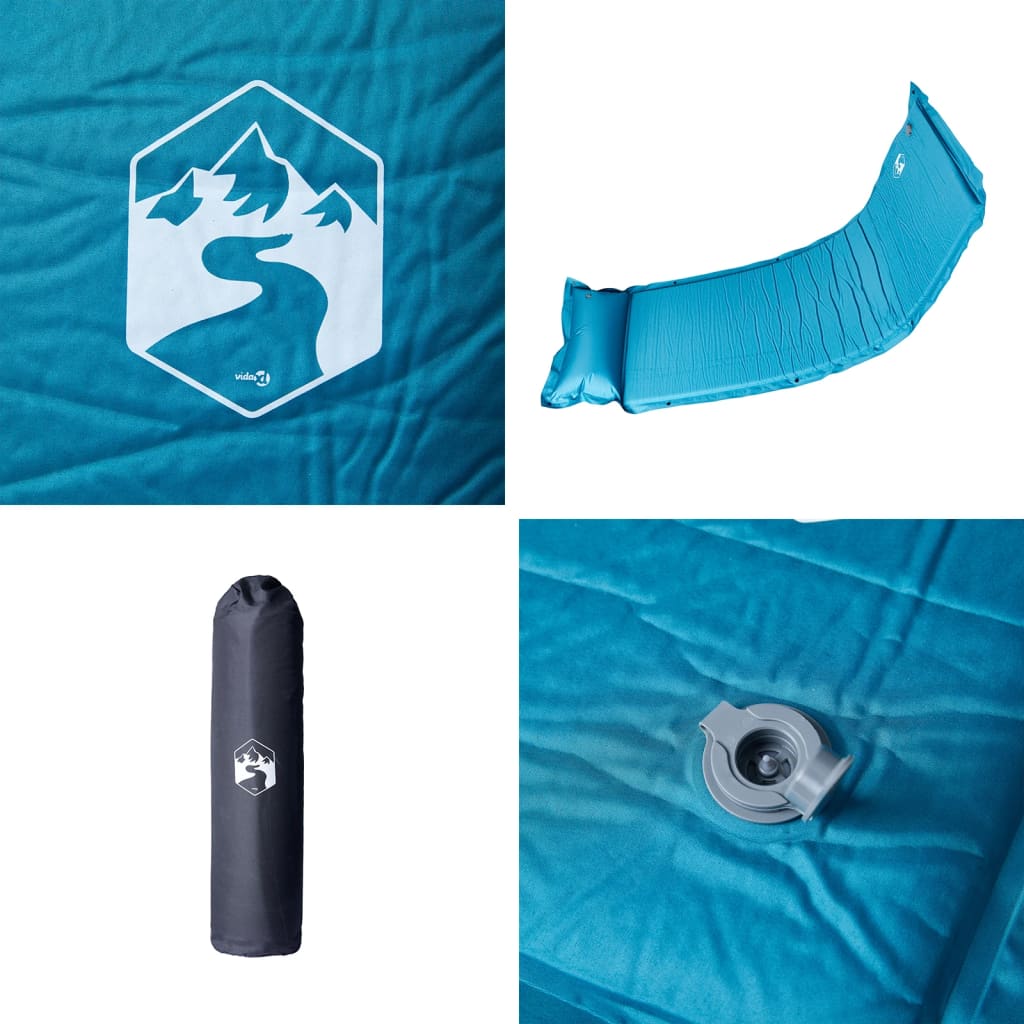 Detail van het vidaXL zelfopblazende kampeermatras in turquoise met kussen en opblaasventiel.