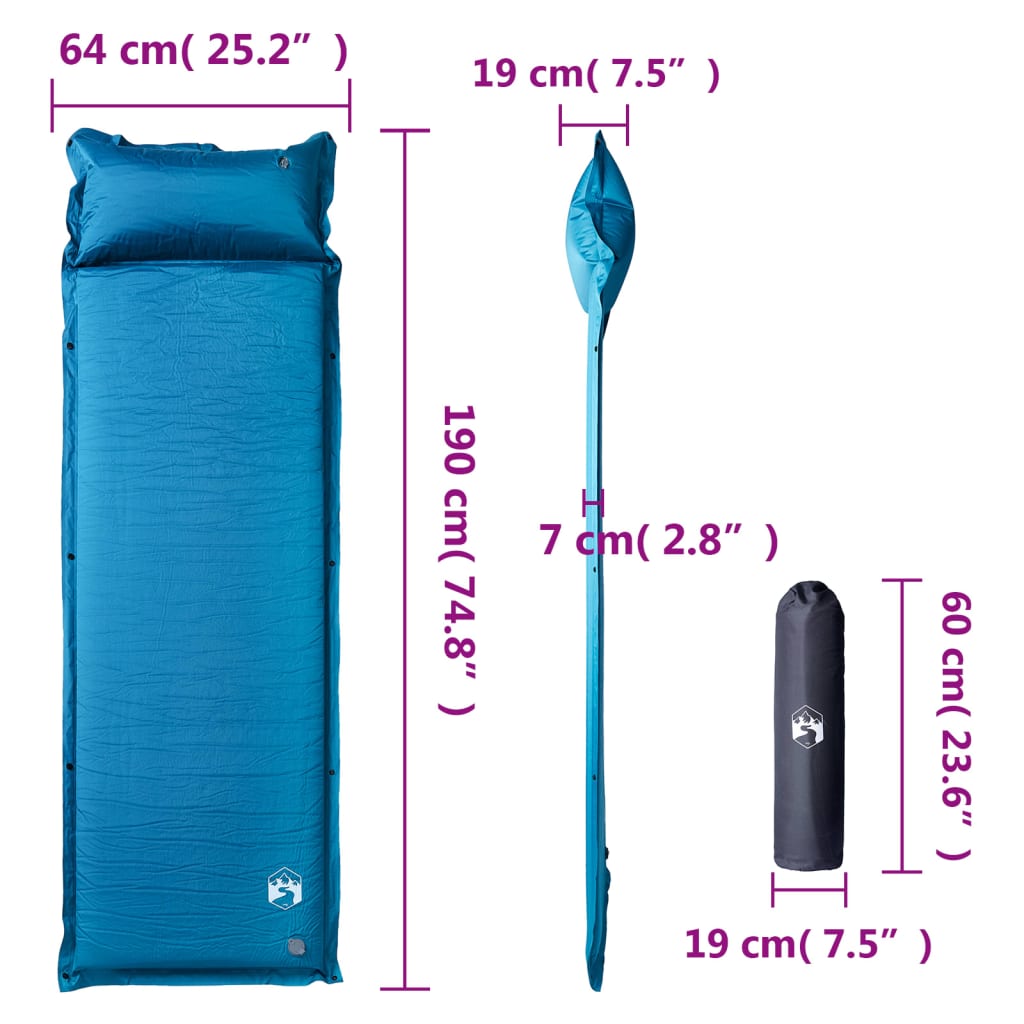 Detail van het vidaXL zelfopblazende kampeermatras in turquoise met kussen en afmetingen.