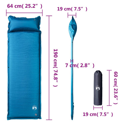 Detail van het vidaXL zelfopblazende kampeermatras in turquoise met kussen en afmetingen.