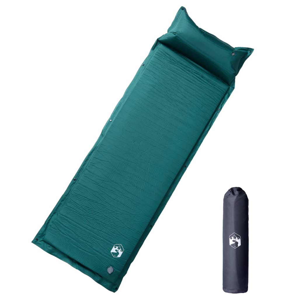 Zelfopblazend vidaXL kampeermatras in groen met kussen, liggend en opgerold.