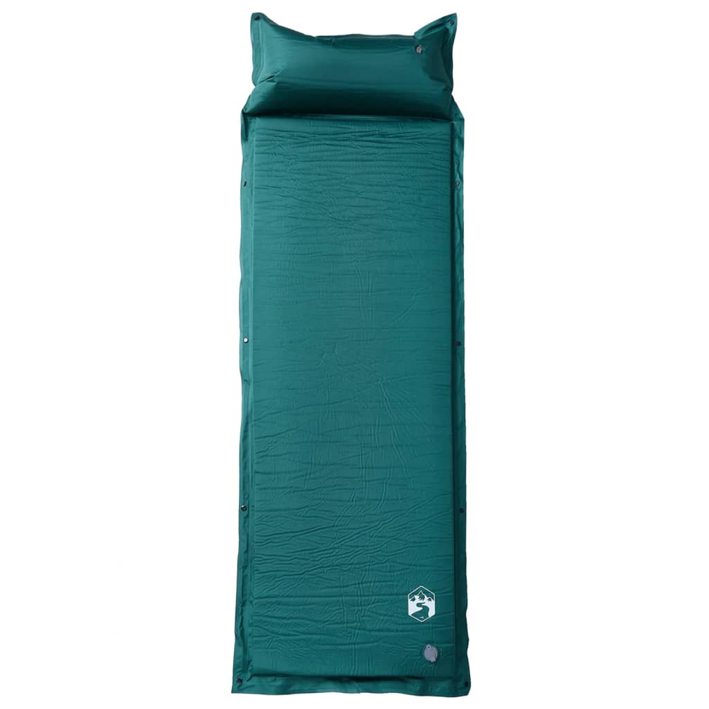 Detail van het vidaXL zelfopblazende kampeermatras in groen, met kussen en textuur.