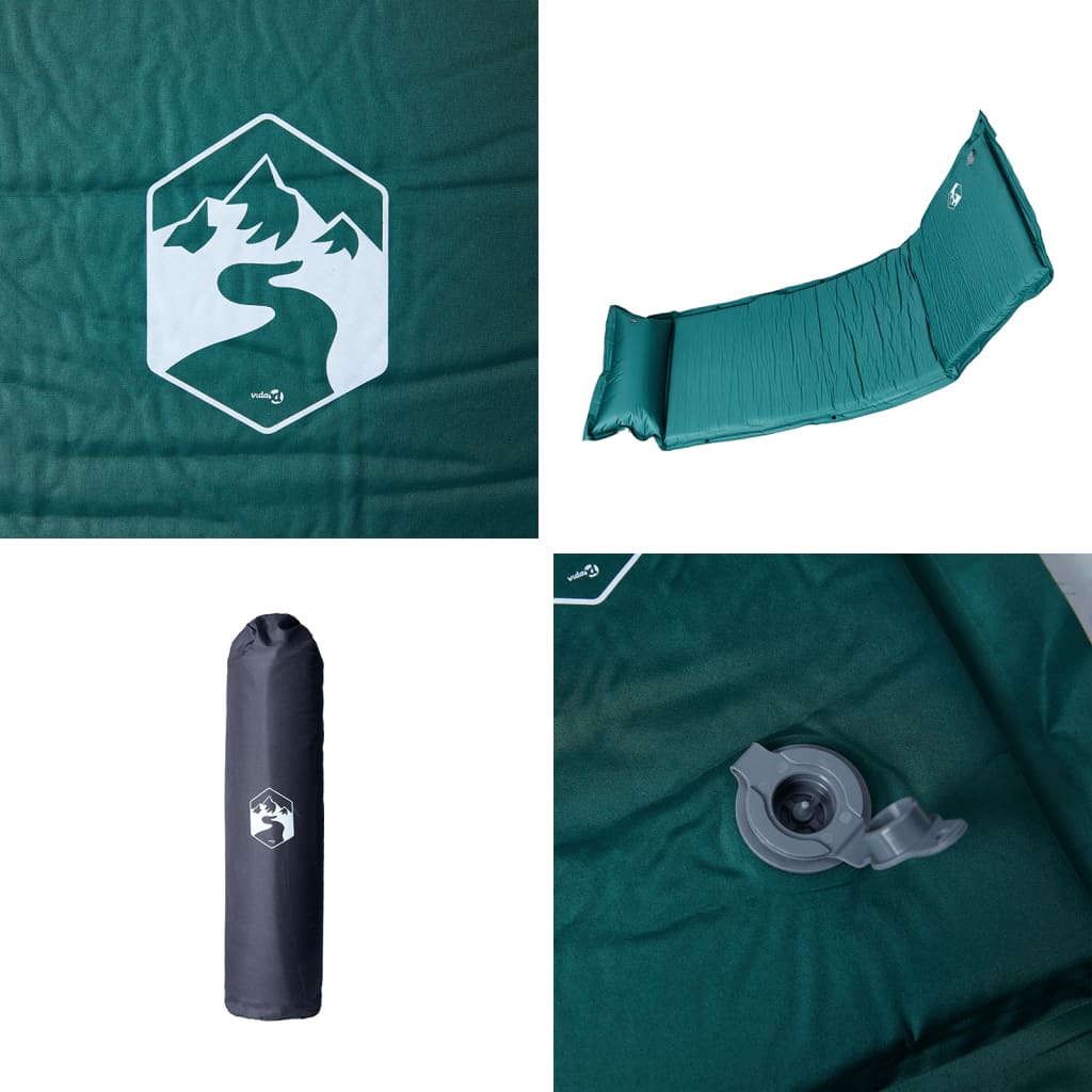 Detail van het vidaXL zelfopblazende kampeermatras in groen met logo en ventiel.