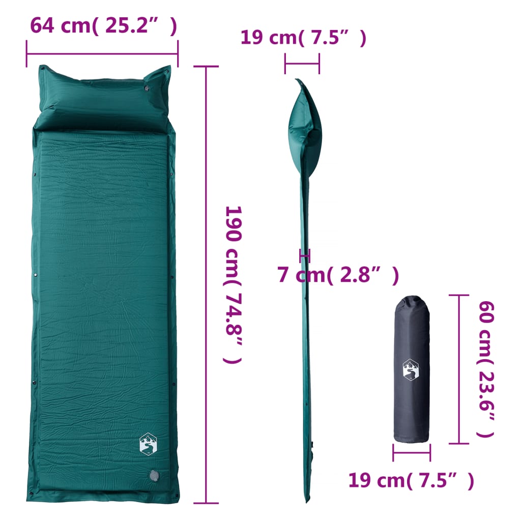 Detailweergave van het vidaXL zelfopblazende kampeermatras met kussen en afmetingen.