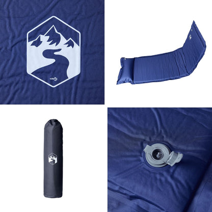 Detail van het zelfopblazende vidaXL kampeermatras in marineblauw met geïntegreerd kussen.