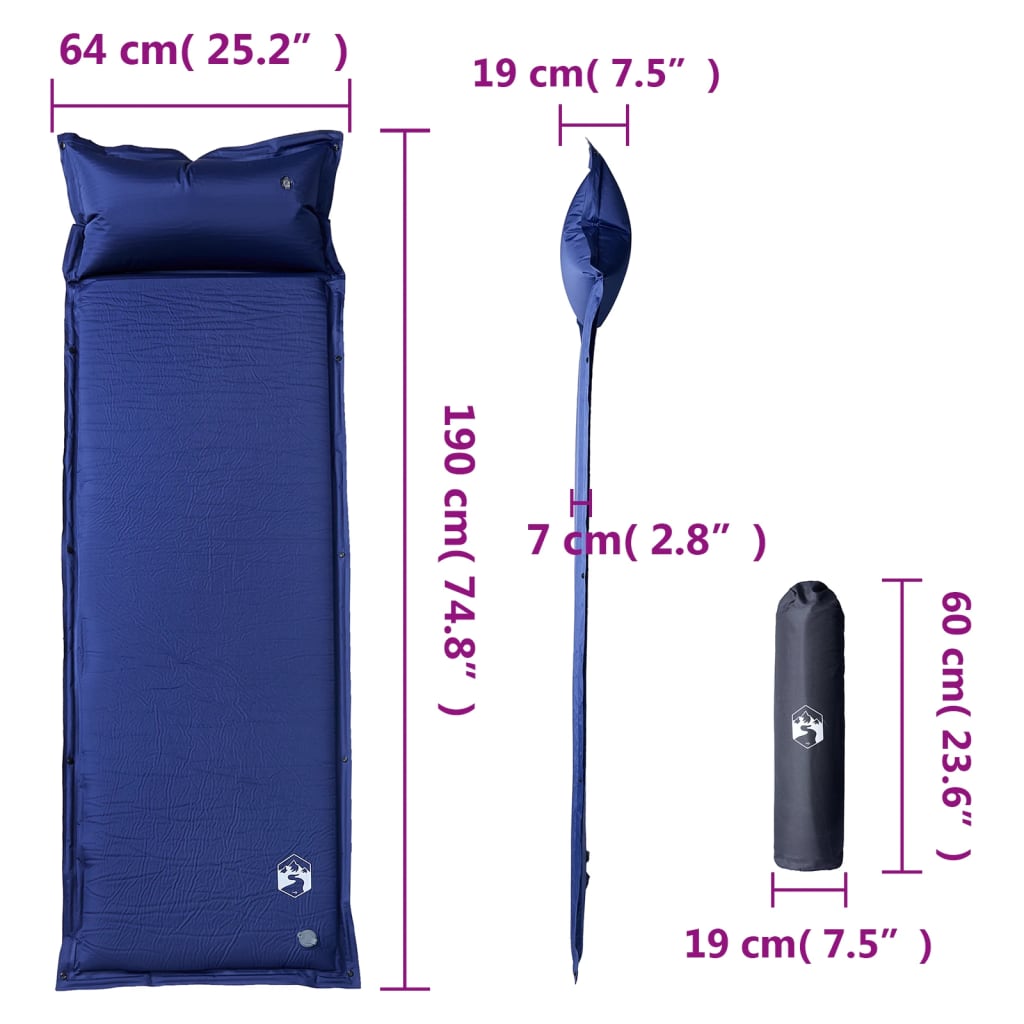 Detailweergave van het vidaXL zelfopblazende kampeermatras in marineblauw met afmetingen.
