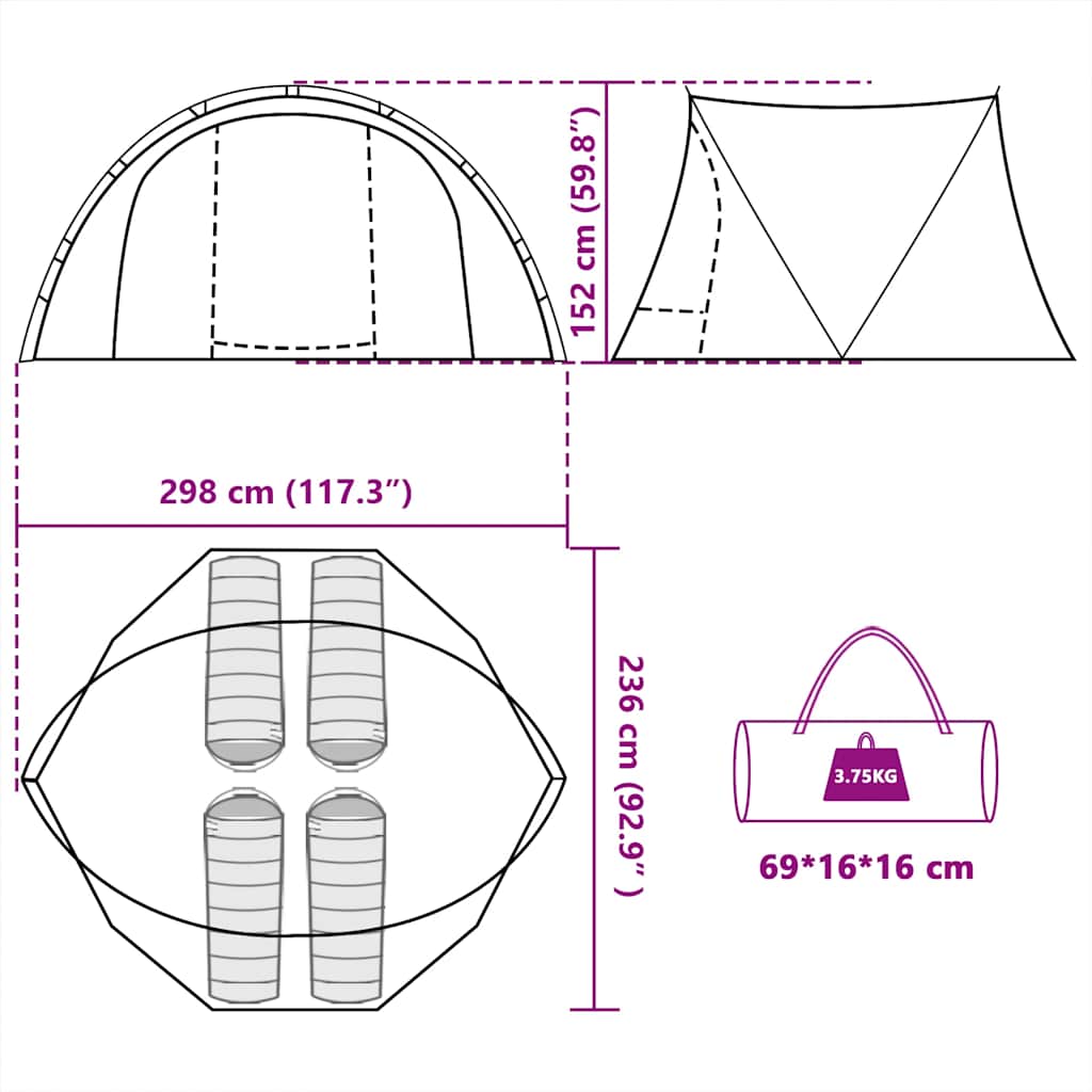 Detail van de afmetingen en het ontwerp van de vidaXL Vistent 4-persoons tent.