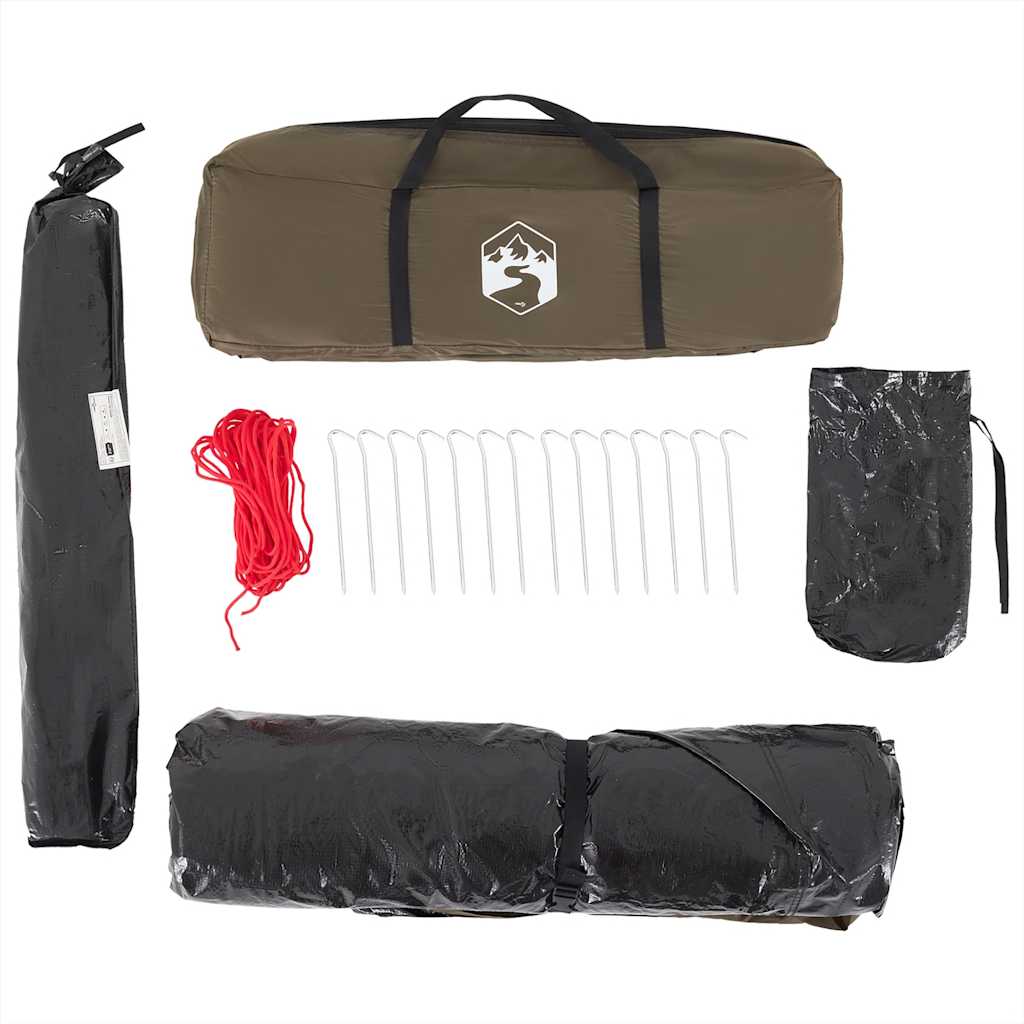 Olijfgroen vidaXL vistent met accessoires, inclusief haringen en touw voor bevestiging.