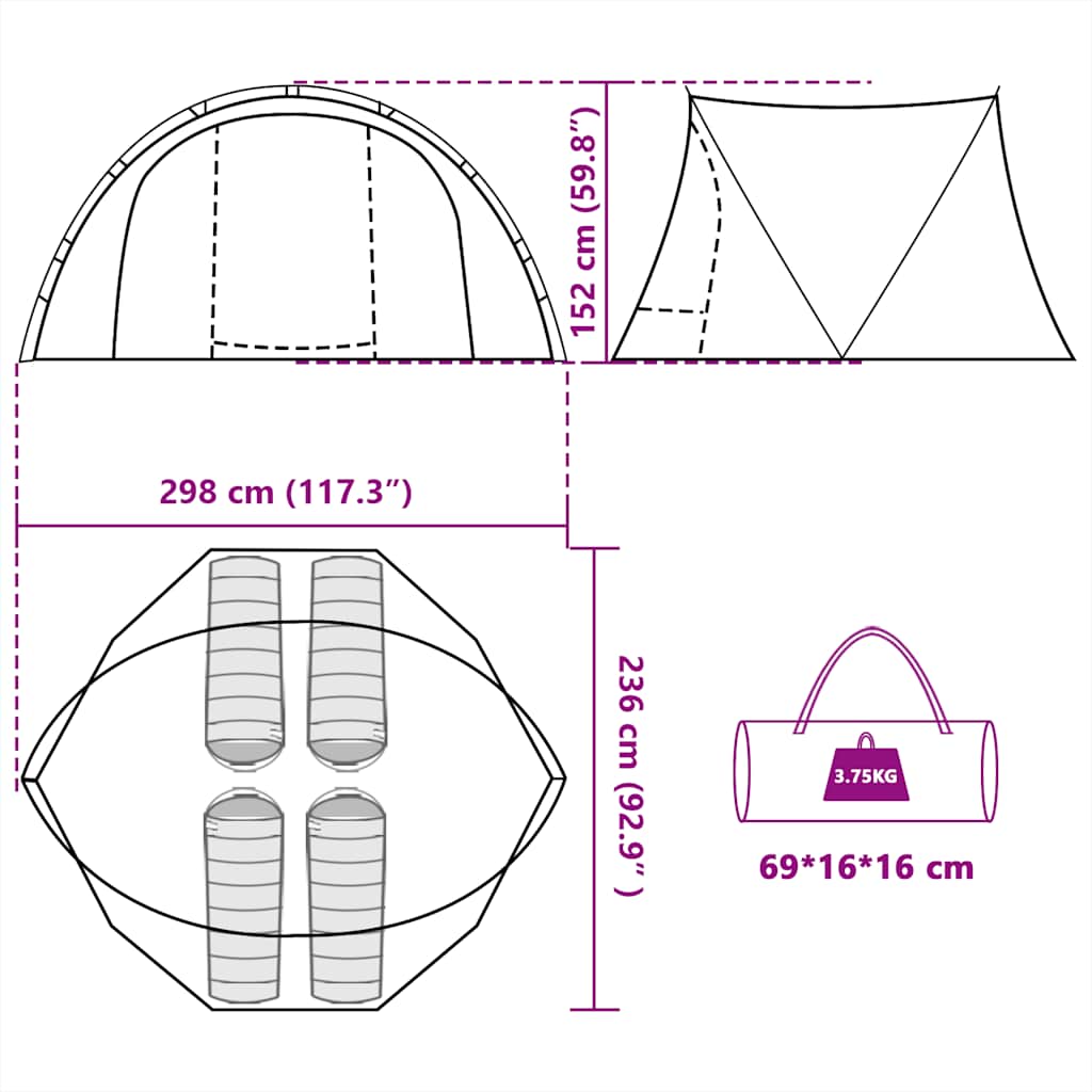 Detailtekening van de vidaXL Vistent tent met afmetingen en opberginformatie.