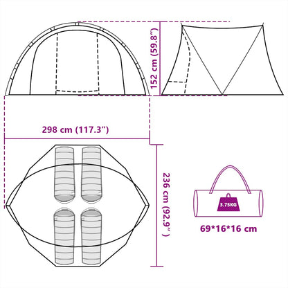 Detailtekening van de vidaXL Vistent tent met afmetingen en opberginformatie.