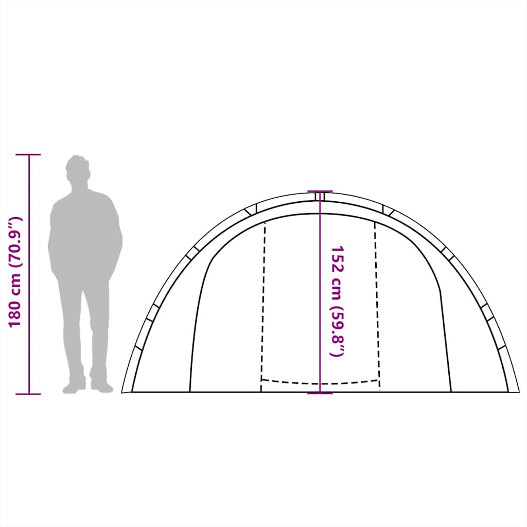 Detail van de vidaXL Vistent tent met afmetingen en een silhouet van een persoon ernaast.