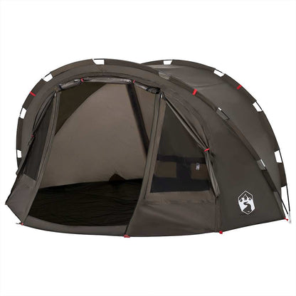 Detail van de vidaXL Vistent 4-persoons tent in bruin, met open ritssluiting en ventilatieroosters.