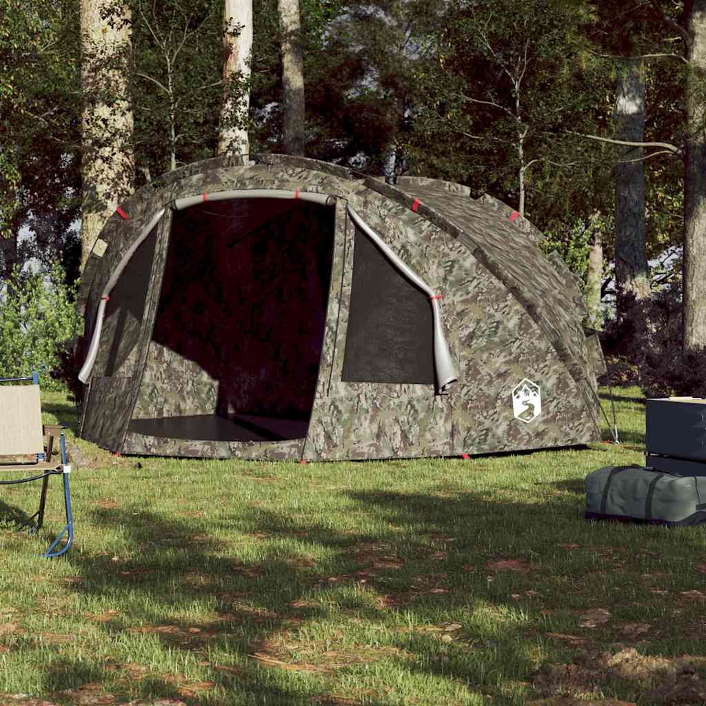 Detail van de vidaXL 4-persoons camouflage vistent met open ritsdeur in bosrijke omgeving.
