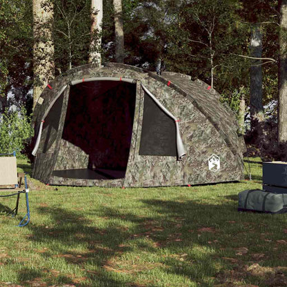 Detail van de vidaXL 4-persoons camouflage vistent met open ritsdeur in bosrijke omgeving.
