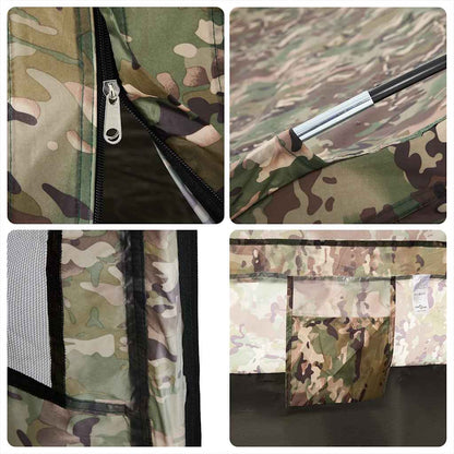 Detail van de rits en getapete naden van de vidaXL 4-persoons waterdichte camouflage tent.