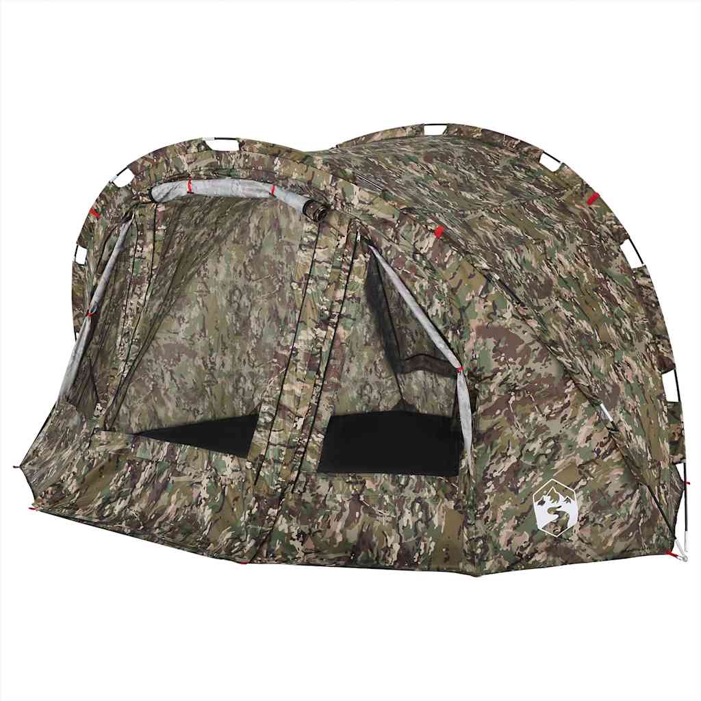 Detail van de vidaXL 4-persoons camouflage tent met open ritsdeuren en ventilatie.
