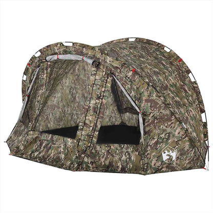 Detail van de vidaXL 4-persoons camouflage tent met open ritsdeuren en ventilatie.