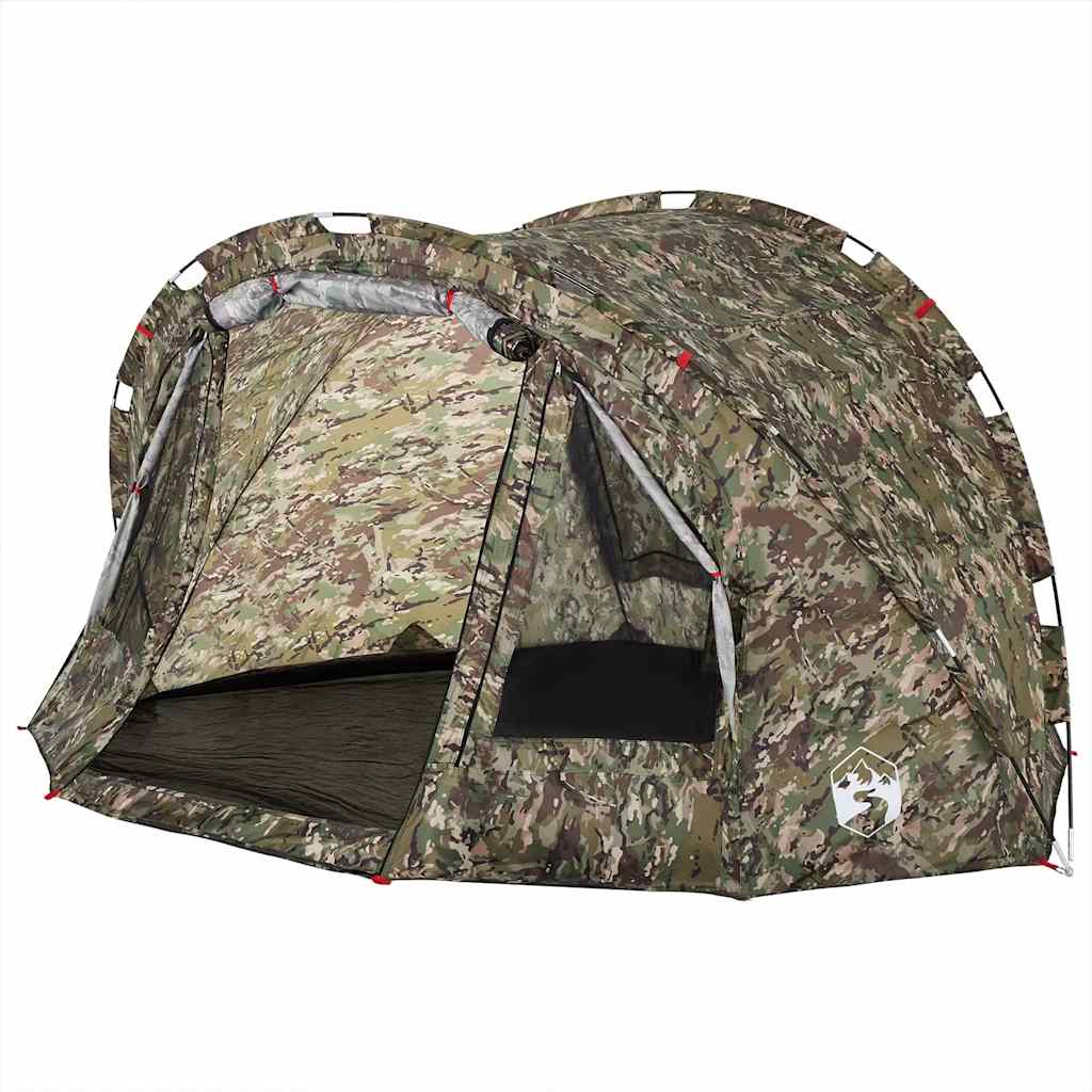 Detail van de vidaXL Vistent 4-persoons tent met camouflageprint en open ritsdeur.