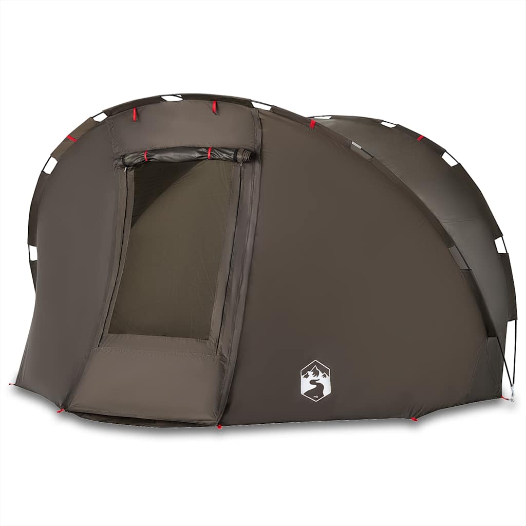 Zijaanzicht van de vidaXL Vistent tent in bruin, met open ritsdeur voor toegang.
