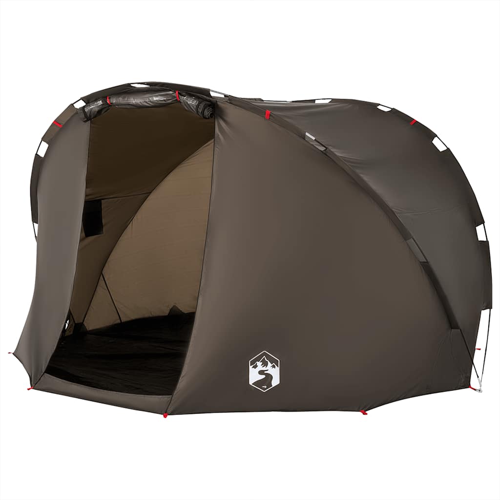 Detail van de vidaXL 5-persoons waterdichte tent in bruin, zijaanzicht met open ritsdeur.
