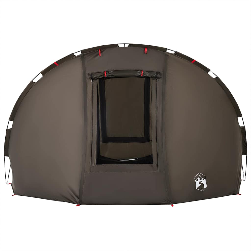Detail van de vidaXL 5-persoons tent in bruin met ritsdeur en stevige haringen.