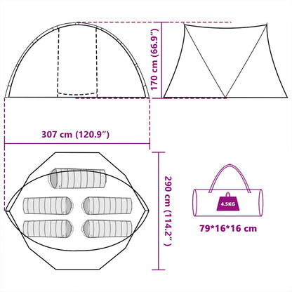 Detail van de afmetingen van de vidaXL 5-persoons waterdichte camouflage tent.