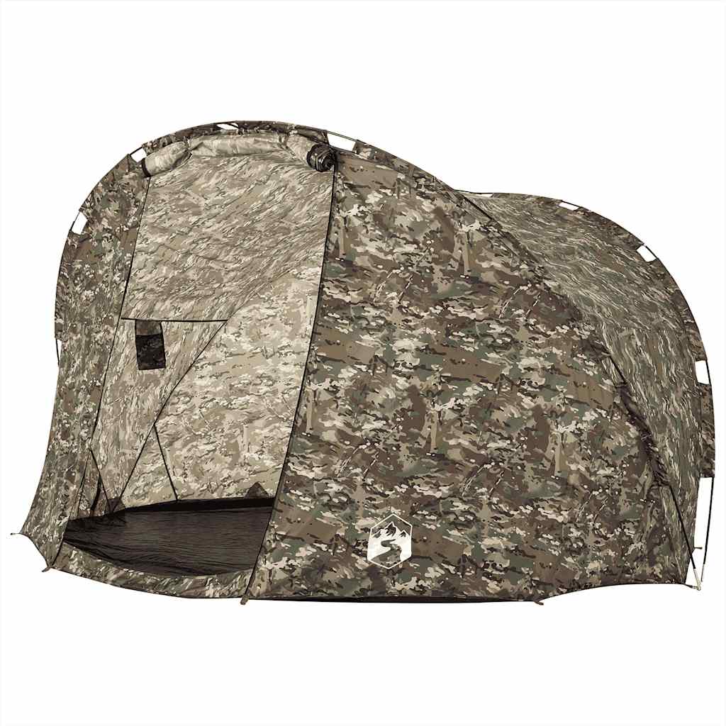 Detail van de vidaXL 5-persoons camouflage tent, zijaanzicht met open ingang.