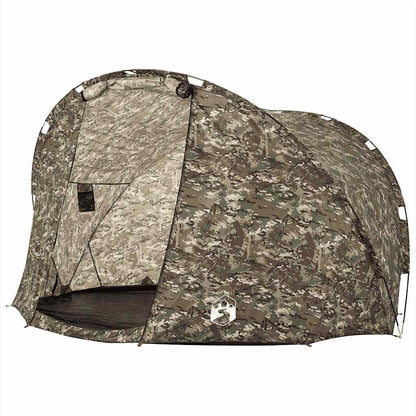 Detail van de vidaXL 5-persoons camouflage tent, zijaanzicht met open ingang.