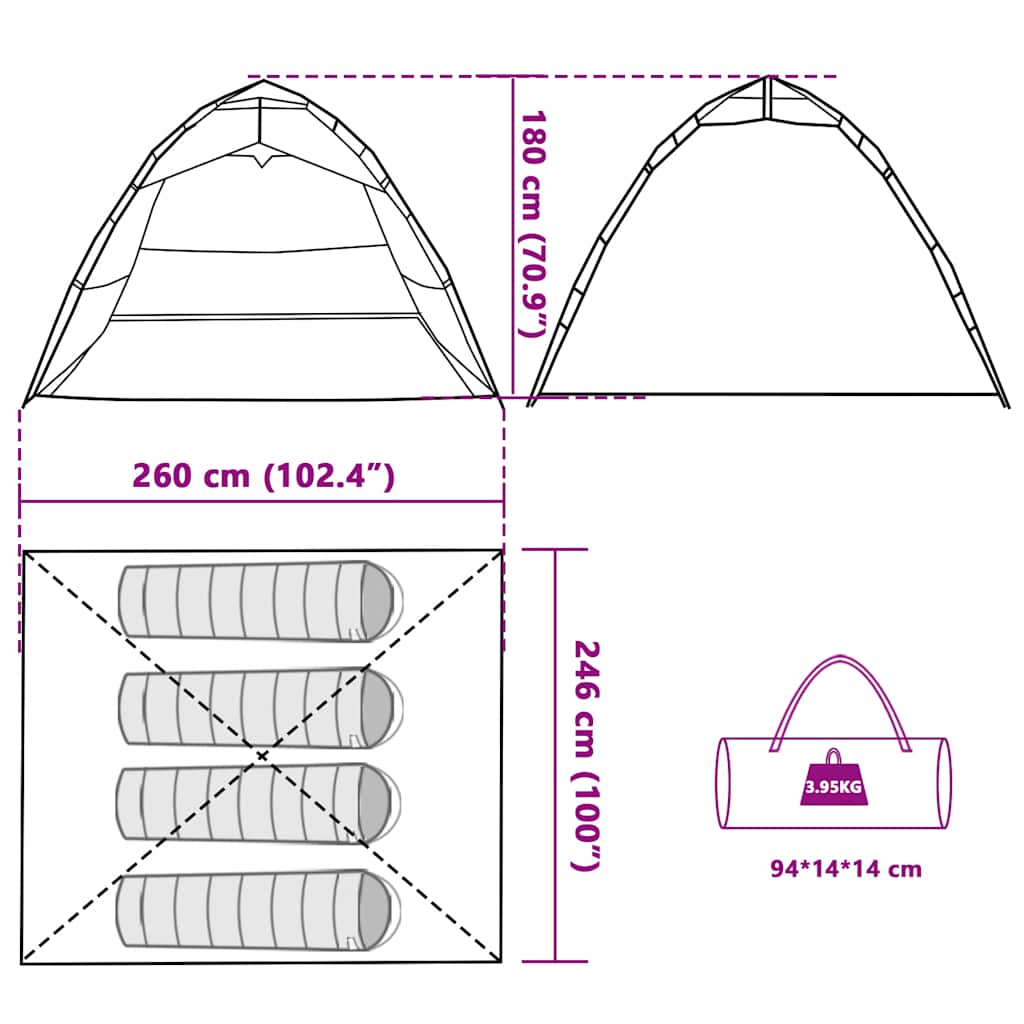 Detail van de vidaXL vistent met afmetingen en opbergdetails, olijfgroen ontwerp.