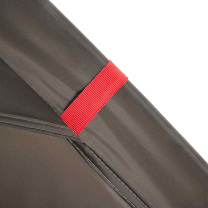 Detail van de bruin vidaXL tent met snelspansysteem en rode bevestigingsband.
