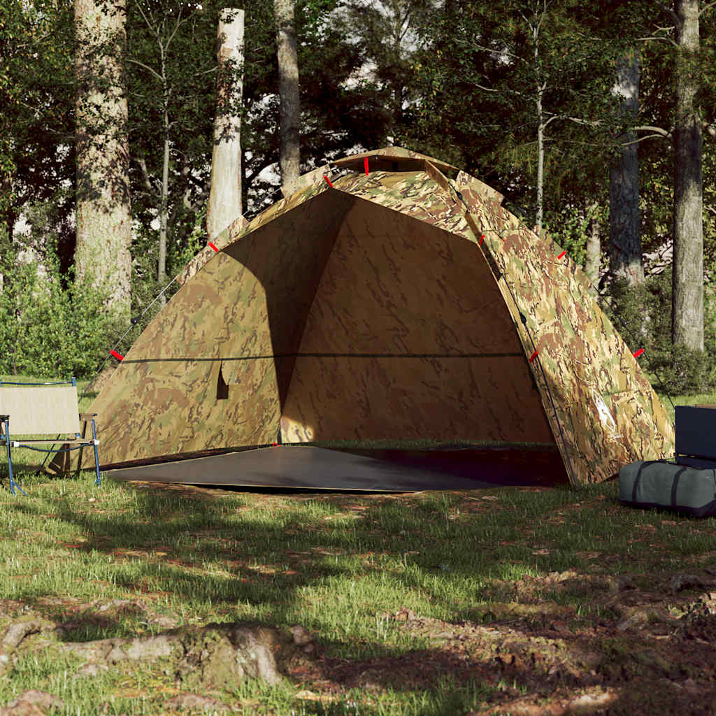 Detail van de vidaXL 4-persoons camouflage tent met opengevouwen dak en ruime binnenruimte.
