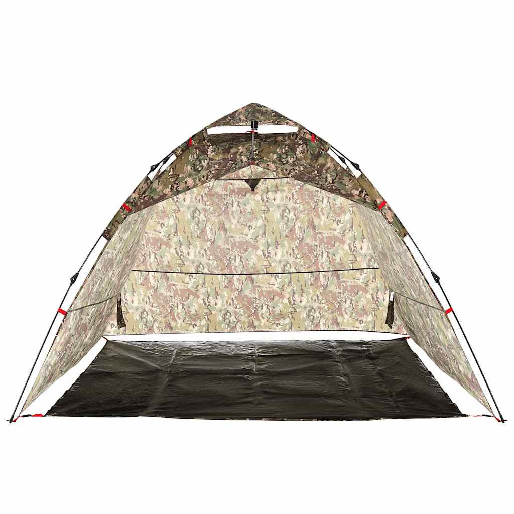 Detail van de vidaXL camouflage tent met open zijwanden en zwart grondzeil.