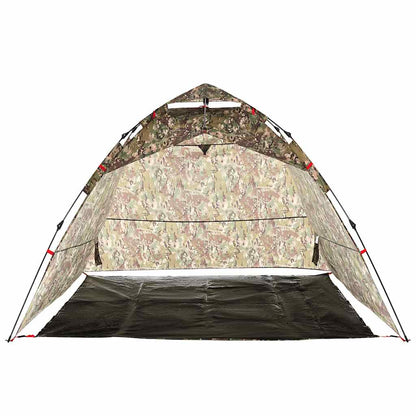 Detail van de vidaXL camouflage tent met open zijwanden en zwart grondzeil.