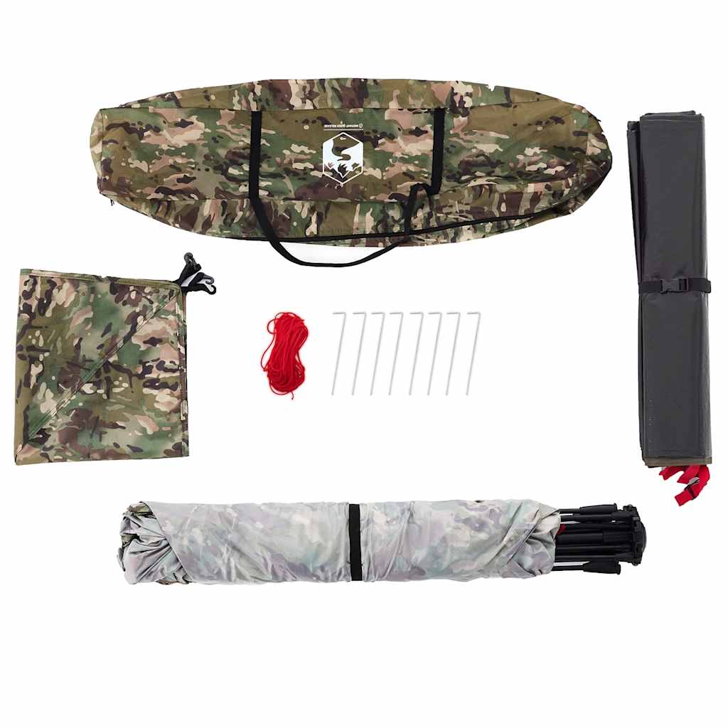 Detail van de vidaXL camouflage tent met accessoires, waaronder haringen en opbergtas.