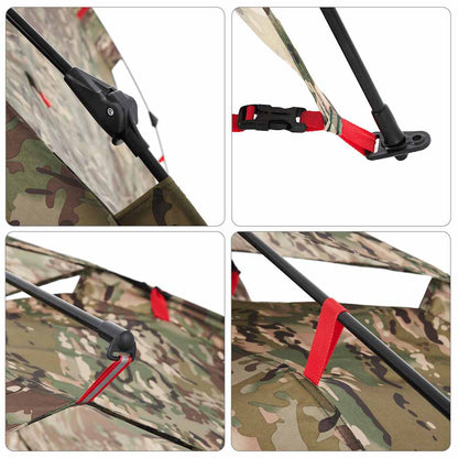 Detail van het snelspansysteem en camouflagepatroon van de vidaXL tent.
